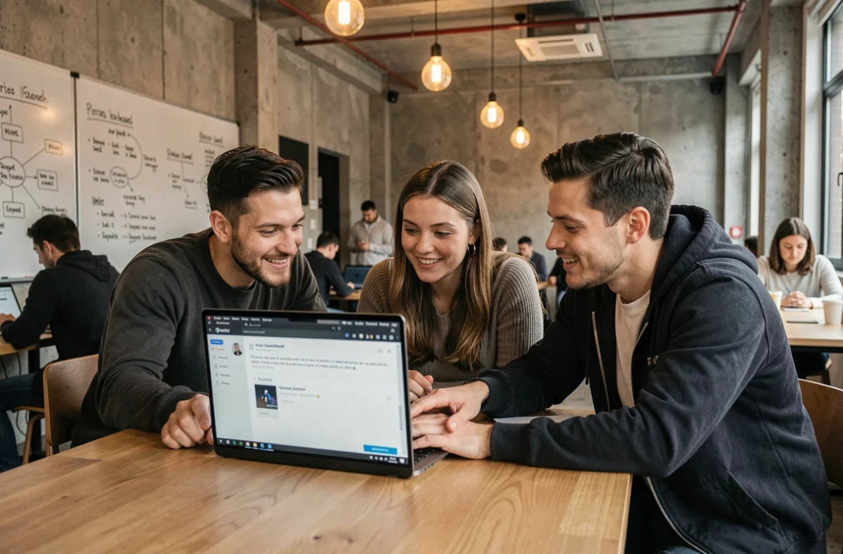 Groupe de membres d'un club cybersécurité discutant des fils de discussion importants sur un forum dans un espace de coworking