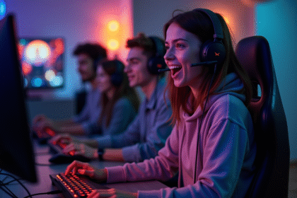 Groupe de jeunes joueurs d'esport dans un salon moderne