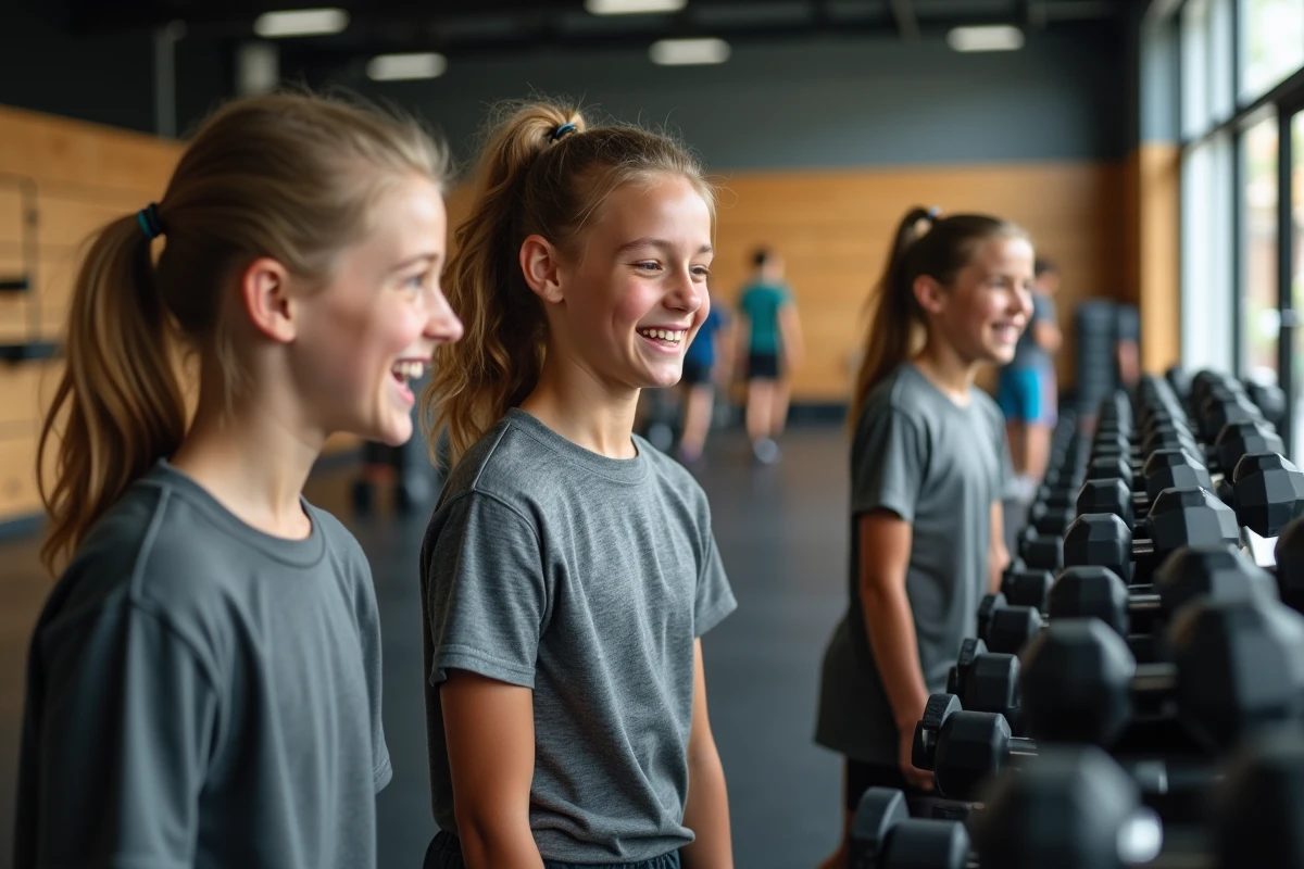 Jeunes discutant près des haltères dans la salle de sport