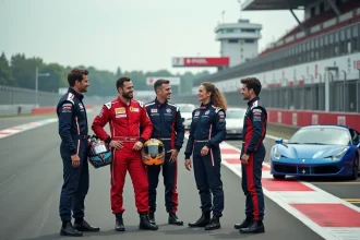 Groupe d'adultes en combinaisons de course devant voitures de sport