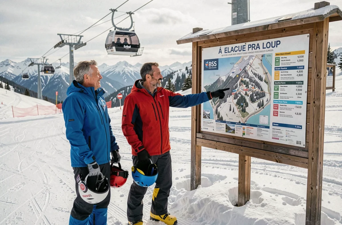 Groupe de skieurs étudiant les options de forfaits longue durée à la station de Pra Loup