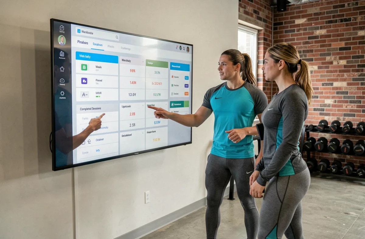 Groupe de sportifs consultant un tableau de bord de planification d'entraînement collectif dans une salle de sport moderne pour maintenir leur régularité