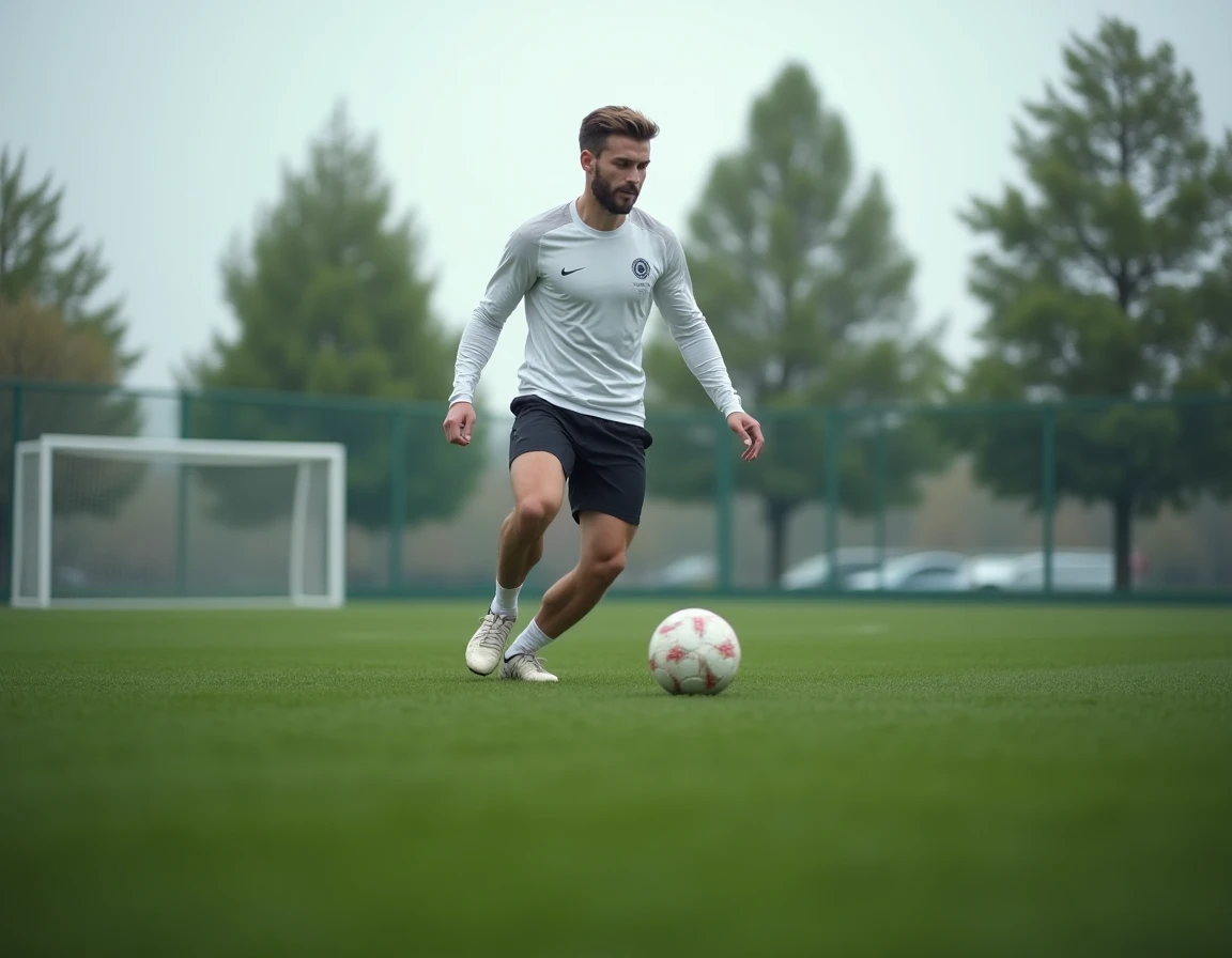 Joueur de football en entraînement individuel sur un terrain privé, illustrant le retour à la forme physique et les perspectives sportives d'Eden Hazard en 2026