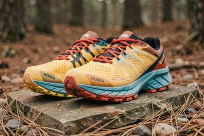 Paire de chaussures Hoka Speedgoat 6 posée sur un rocher en forêt, vue en contre-plongée mettant en valeur la semelle trail et le coloris vif