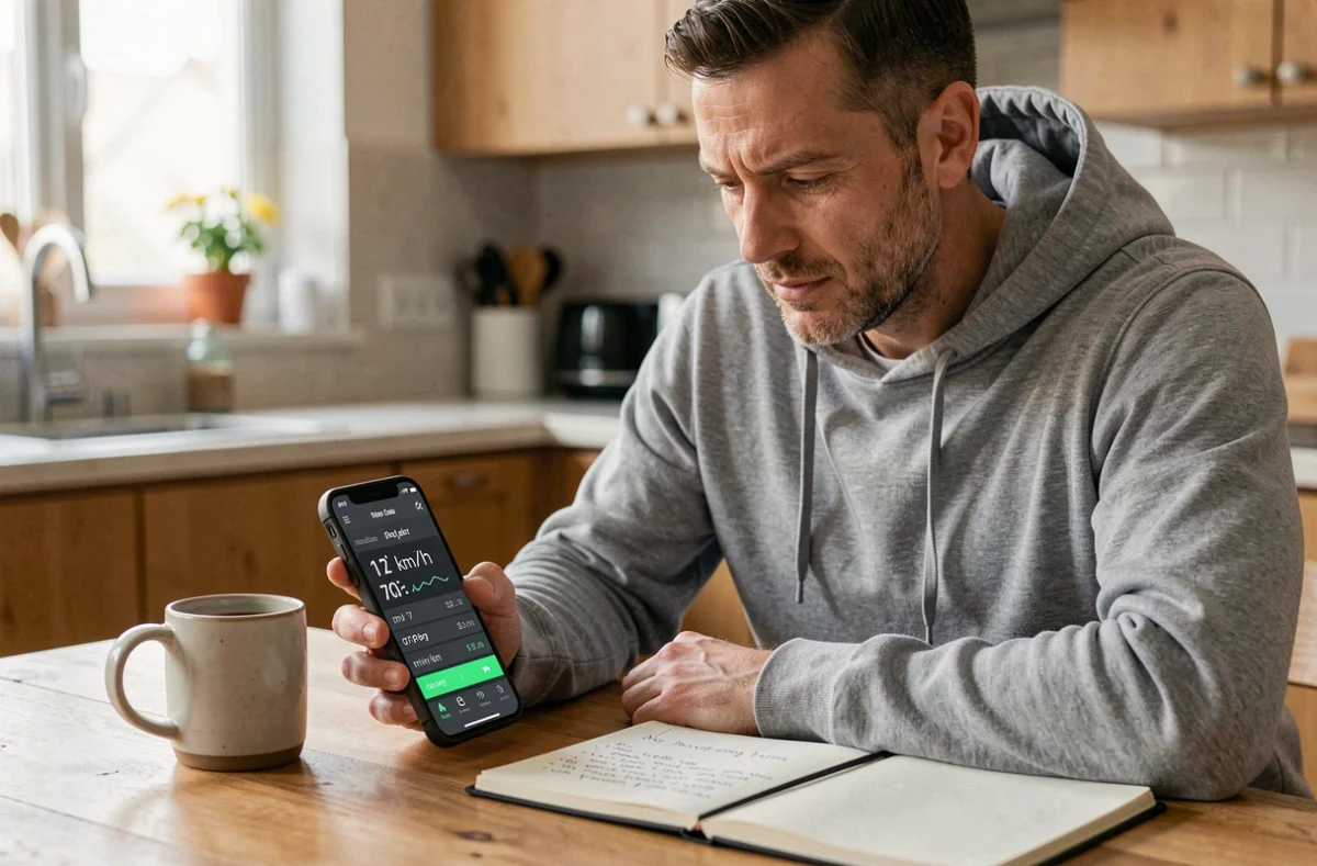 Homme consultant une application de conversion km/h en min/km sur son smartphone à la table de cuisine