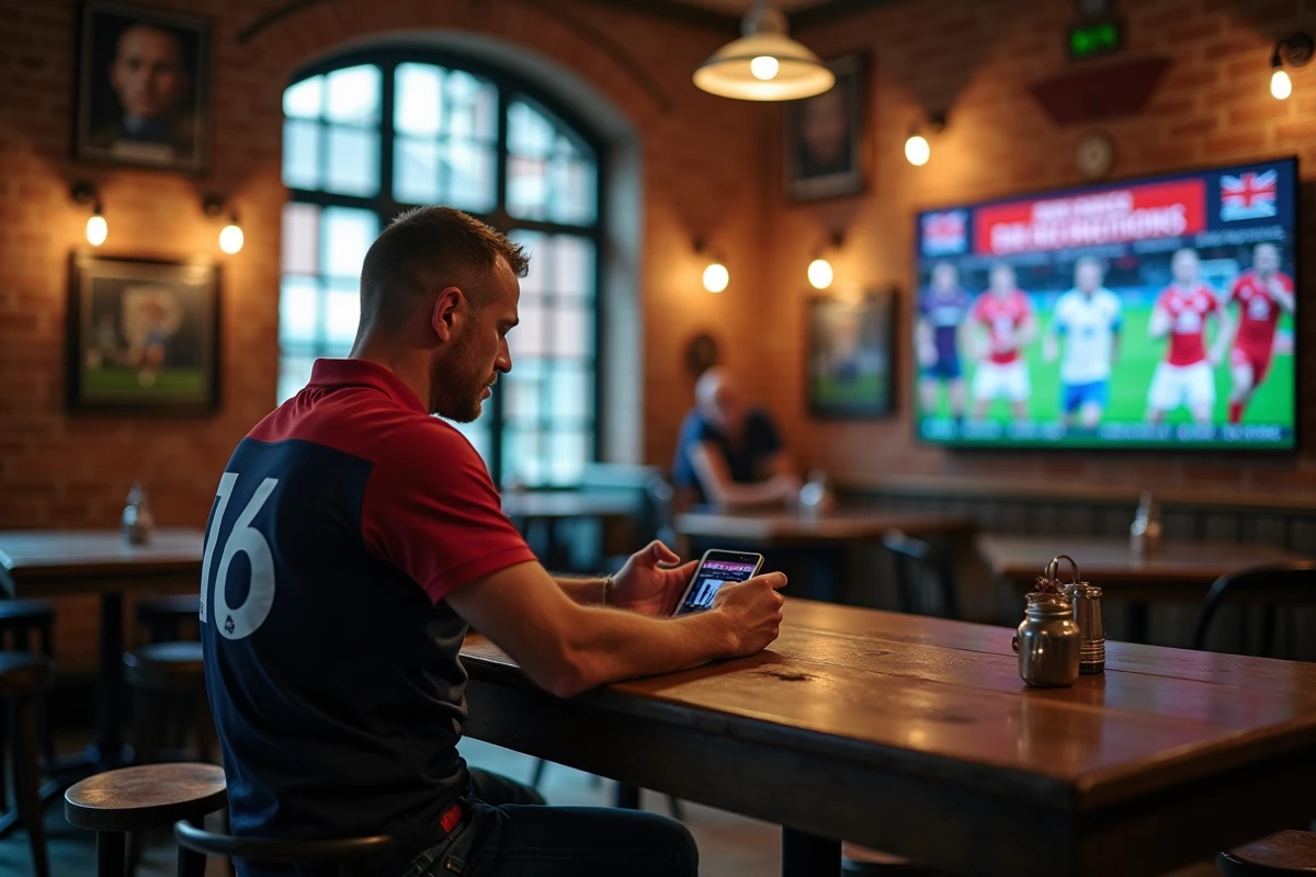 Homme seul vérifiant le calendrier du Six Nations dans un bar