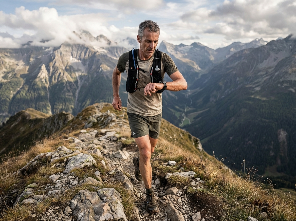 Homme en trail courant sur un sentier de montagne rocheux