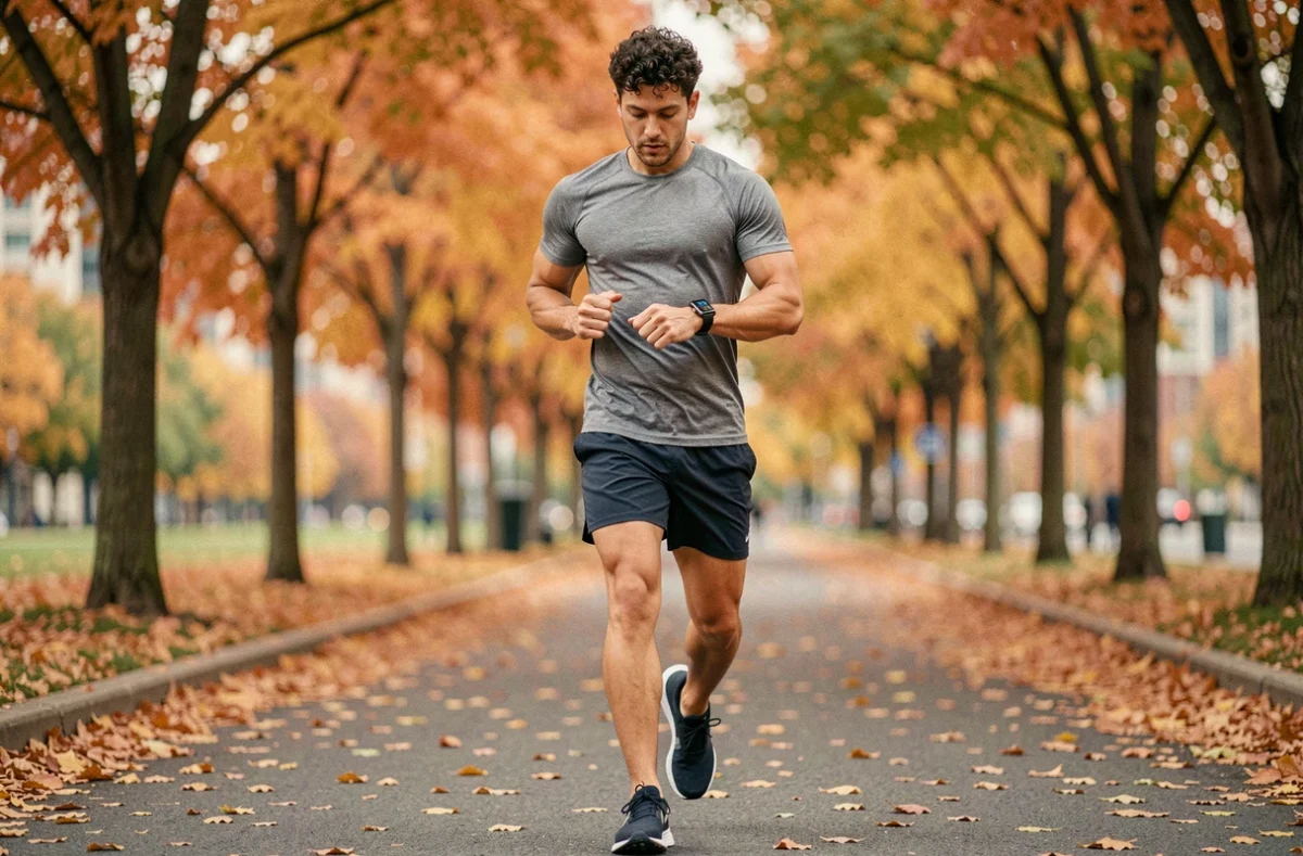 Homme en course à pied consultant sa montre connectée en plein air pour suivre ses performances sportives avec régularité