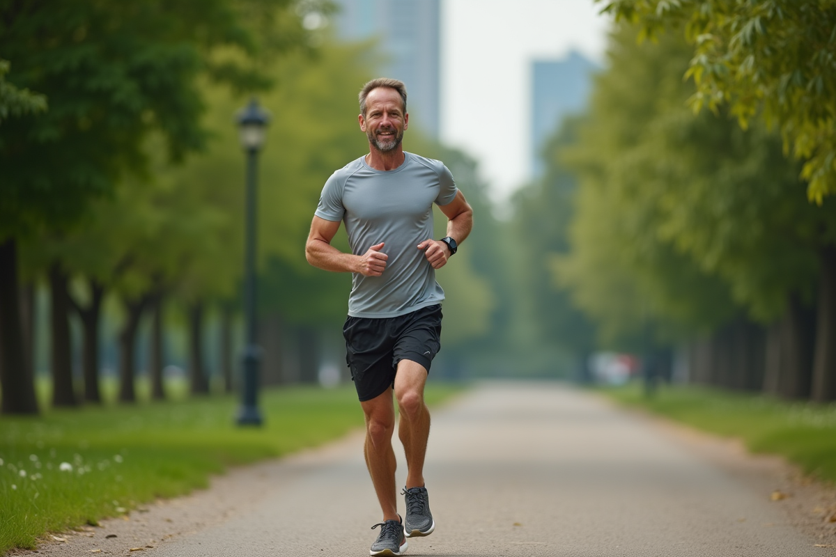 Homme courant dans un parc urbain en pleine nature