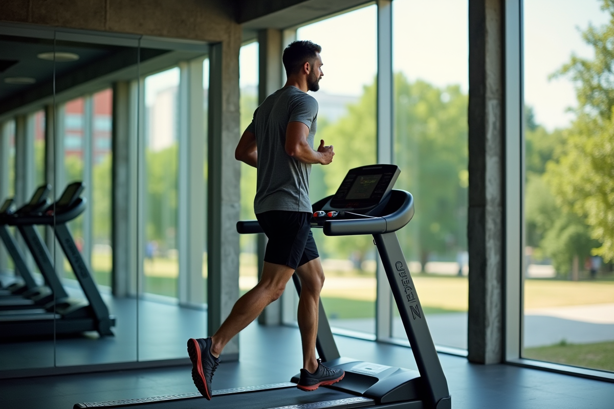 Homme courant sur un tapis près d’un parc urbain