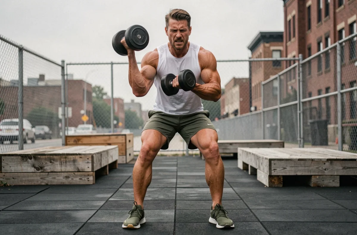 Homme musclé en phase de traction du dumbbell snatch en extérieur avec haltère au niveau des hanches