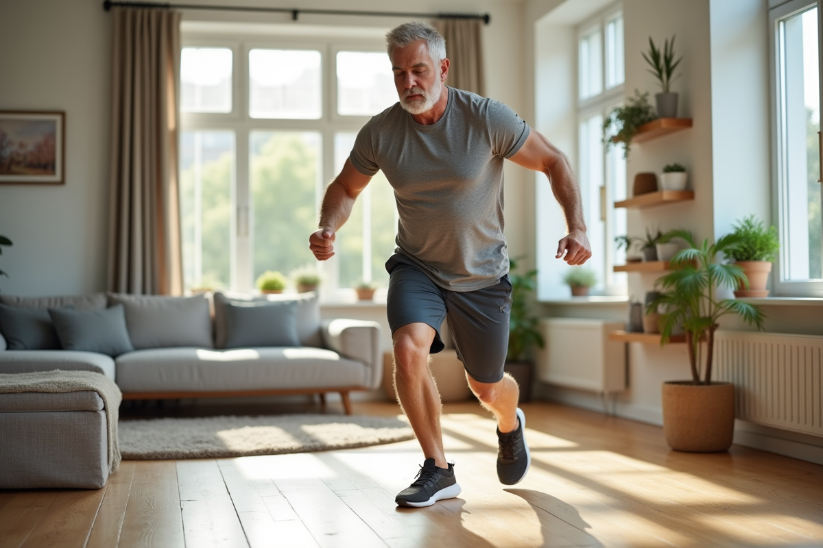 Homme faisant des exercices dans un salon lumineux