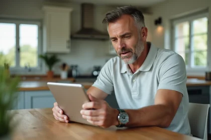 Homme d'âge moyen lisant un blog de golf sur une tablette