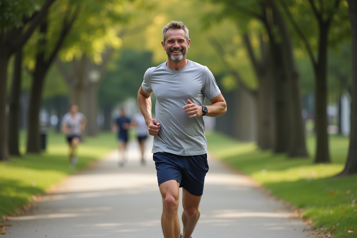 Homme courant dans un parc en plein air