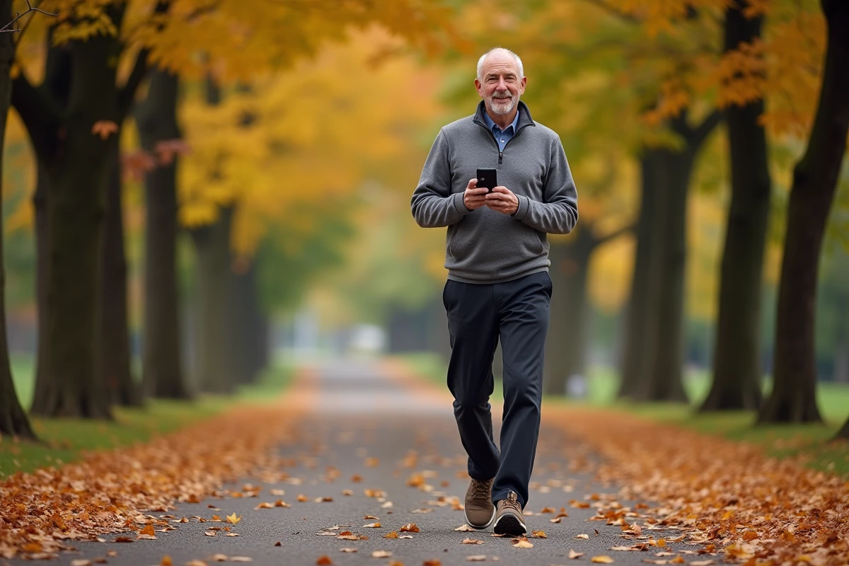 Homme marchant lentement dans un parc en automne regardant une application de comptage de pas sur son smartphone