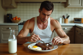 Homme musclé mangeant un gros repas dans une cuisine rétro