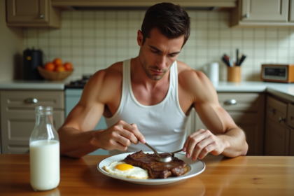 Homme musclé mangeant un gros repas dans une cuisine rétro