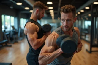 Homme musclé faisant un curl avec haltère en salle de sport