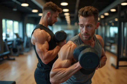 Homme musclé faisant un curl avec haltère en salle de sport