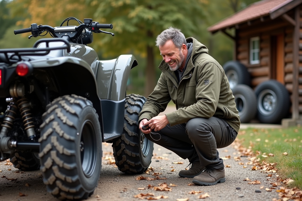 Homme en extérieur nettoyant la chaîne d'un quad de crosse
