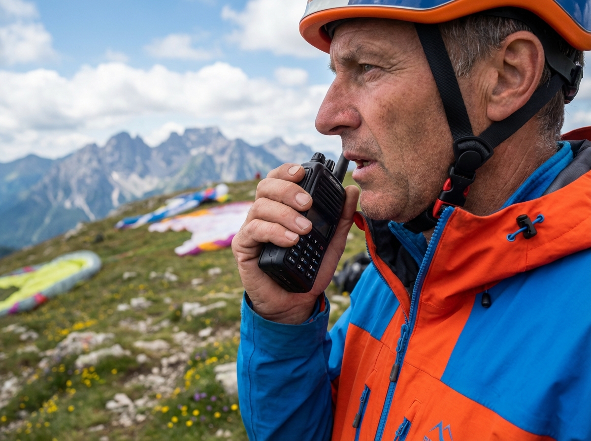 Homme en veste technique avec radio face aux montagnes