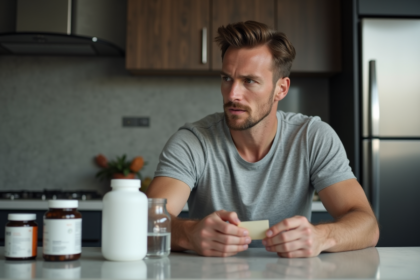Homme pensif examine une étiquette de compléments alimentaires