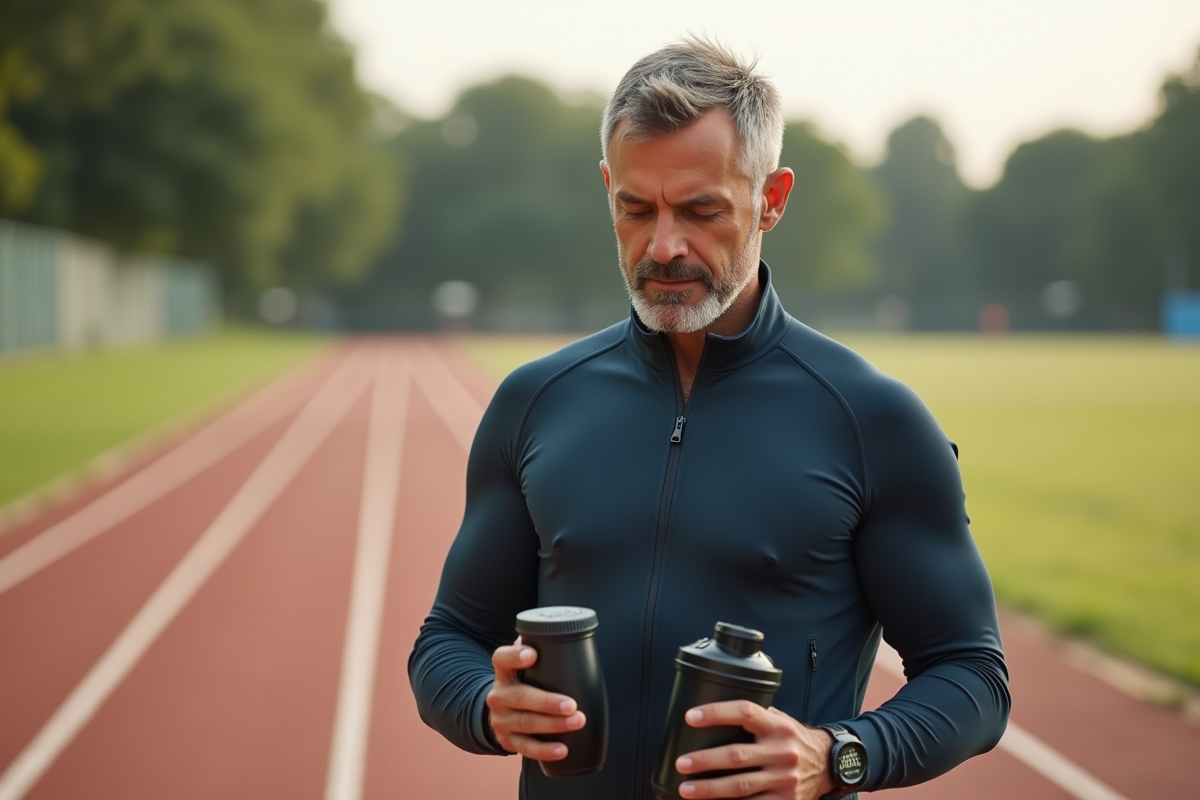 Homme d age examine une bouteille de shaker sur la piste