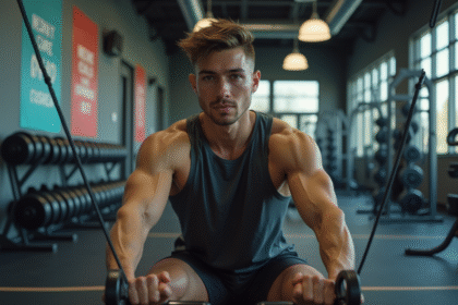 Jeune homme concentré faisant un rowing assis en salle de sport