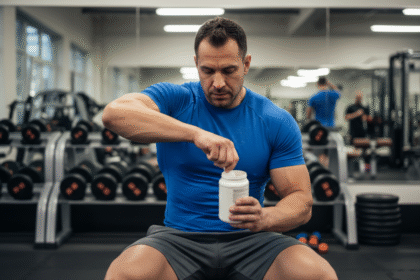 Homme musclé en salle de sport avec créatine