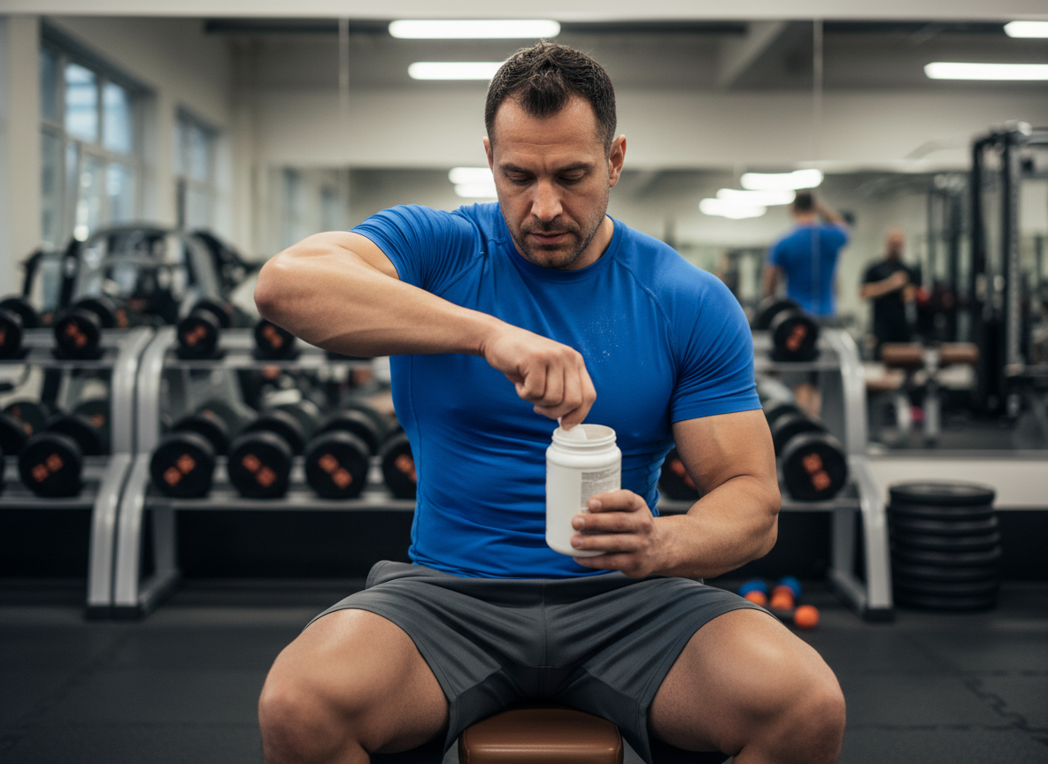 Homme musclé en salle de sport avec créatine