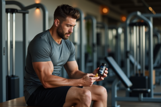 Homme sportif examinant une capsule d'huile de poisson