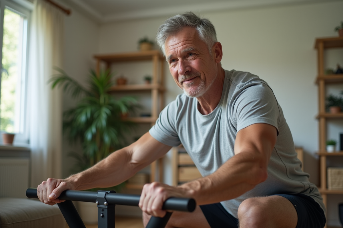 Homme faisant un squat avec machine de résistance à la maison