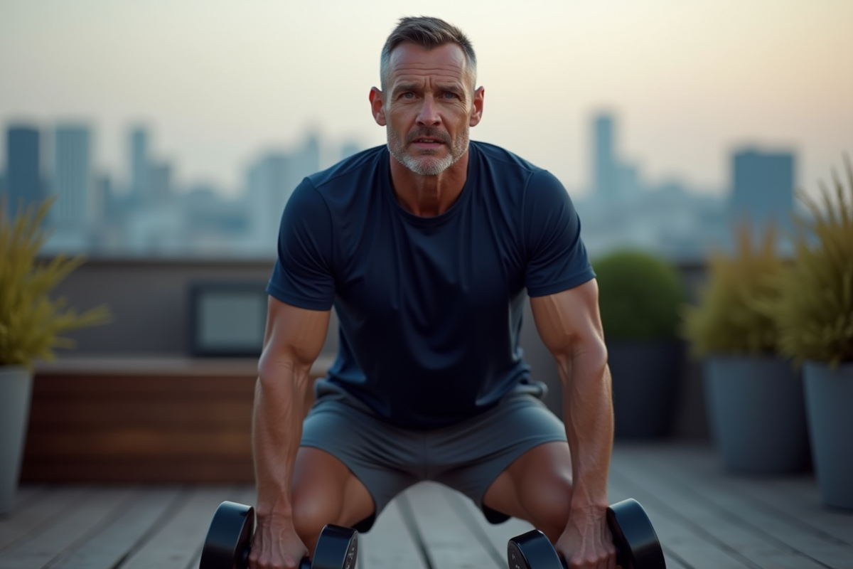 Homme faisant un squat en extérieur sur une terrasse urbaine