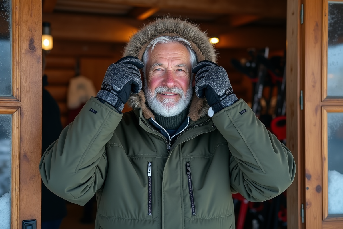 Homme ajustant sa parka dans un lodge de ski