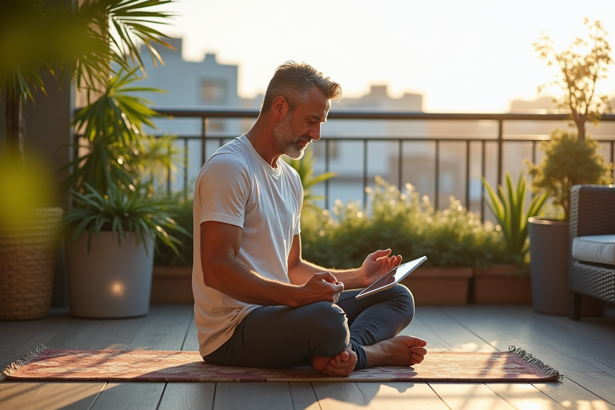 Homme en yoga sur un balcon ensoleille avec vue urbaine