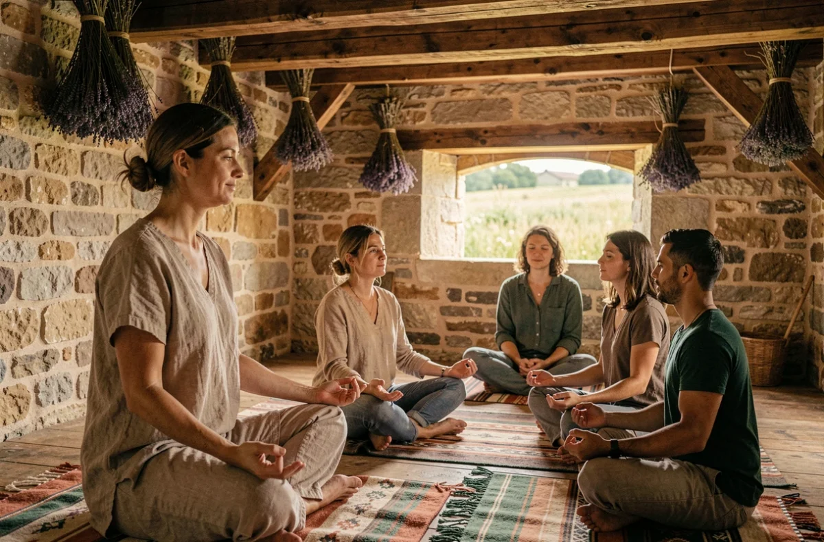 Studio de yoga Hridaya à Saint-Just-d'Avray avec murs en pierre apparente et ambiance méditative authentique