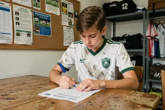 Jeune footballeur remplissant un formulaire d'inscription dans un club de foot du District 44