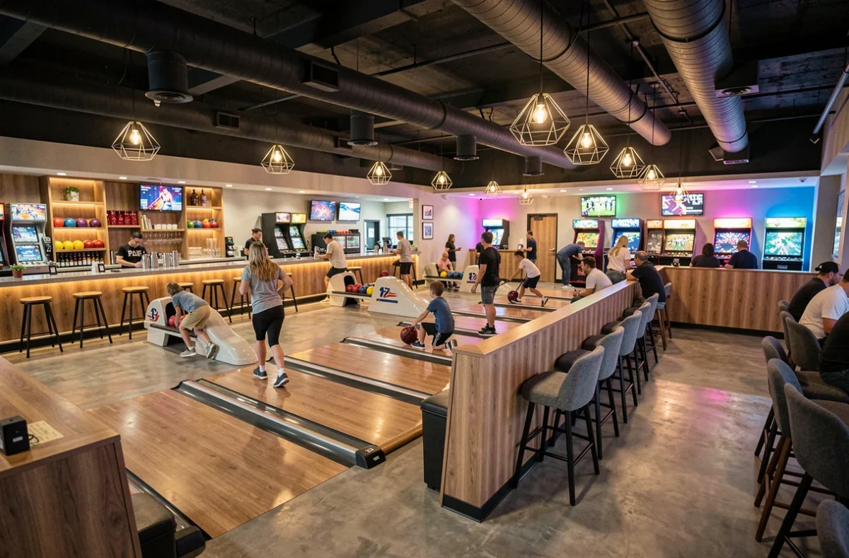 Vue intérieure panoramique d'un grand centre de bowling moderne avec pistes, bar et bornes d'arcade pour une soirée en famille ou entre amis