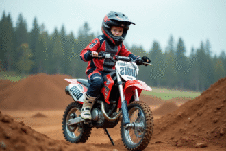 Jeune garçon en motocross sur une piste poussiéreuse