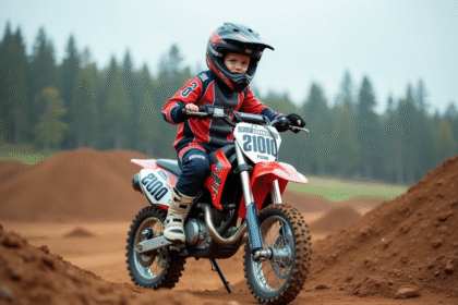 Jeune garçon en motocross sur une piste poussiéreuse