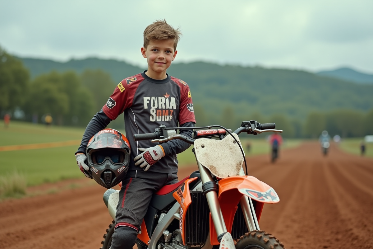 Jeune garçon en motocross avec bike sur piste verte