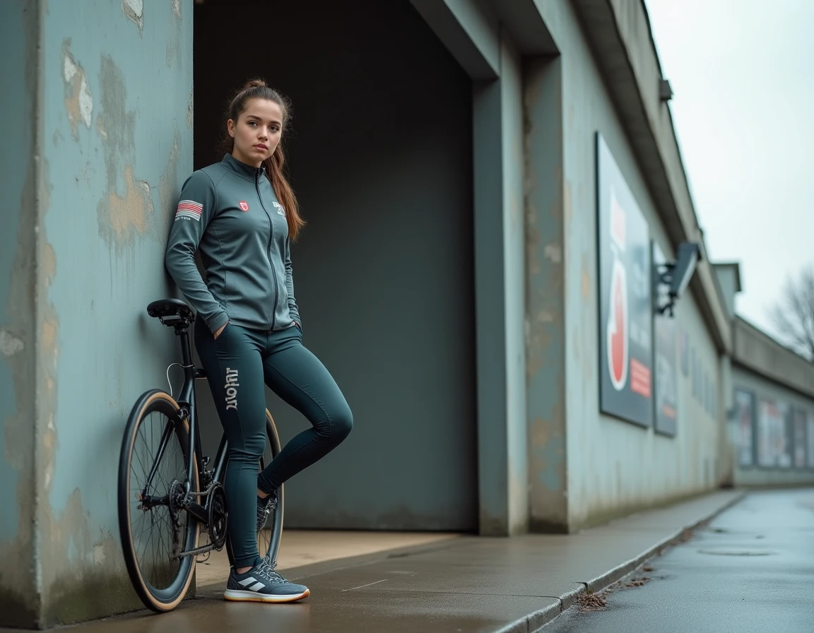 Jeune cycliste professionnelle devant un vélodrome, symbolisant les débuts de carrière et les enjeux financiers du cyclisme féminin