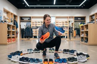 Jeune femme examine deux paires de chaussures de course
