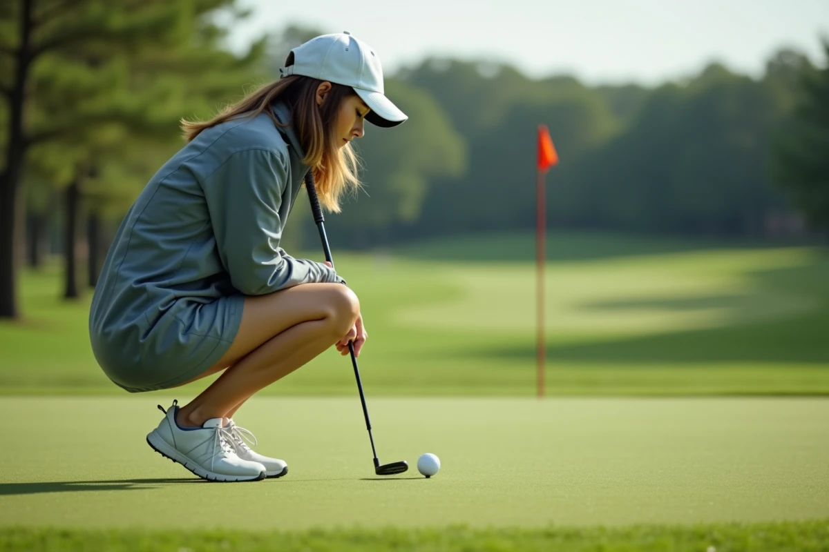Jeune femme pratiquant le putting sur un green extérieur