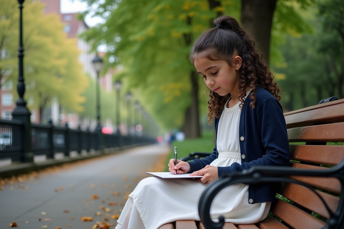 Jeune fille dessinant dans un parc urbain verdoyant
