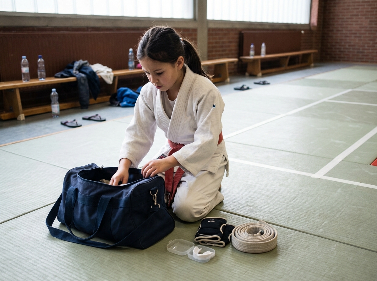Jeune fille en judogi blanc avec ceinture rouge examinant son équipement