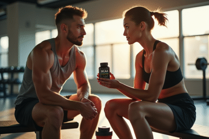 Jeune homme et femme en salle de sport moderne discutant de BCAA