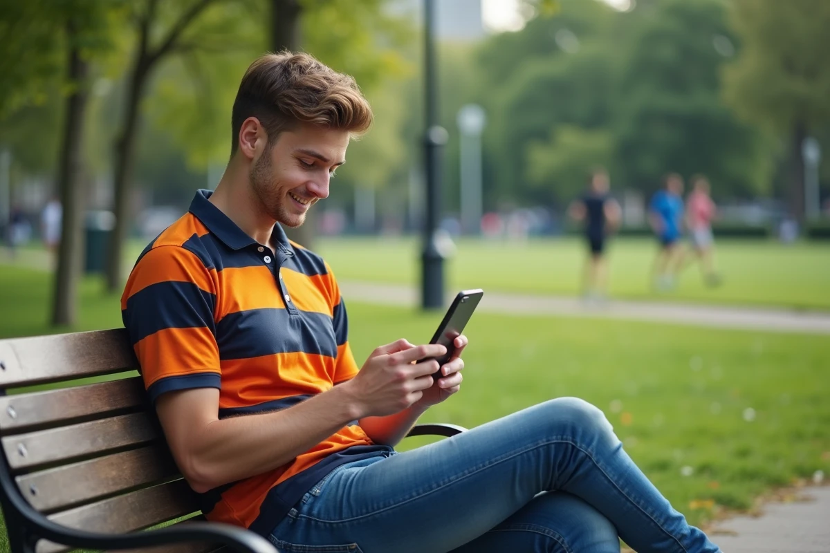 Jeune homme en rugby regardant scores sur smartphone
