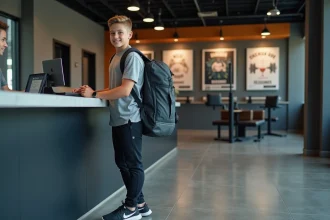 Adolescent souriant check-in à la salle de sport moderne