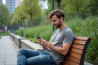 Jeune homme sur un banc dans un parc urbain utilisant son smartphone